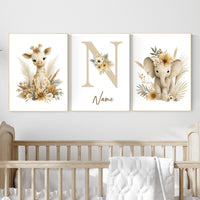 Boho Safari Nursery Prints: Giraffe, Elephant, Personalized Nursery