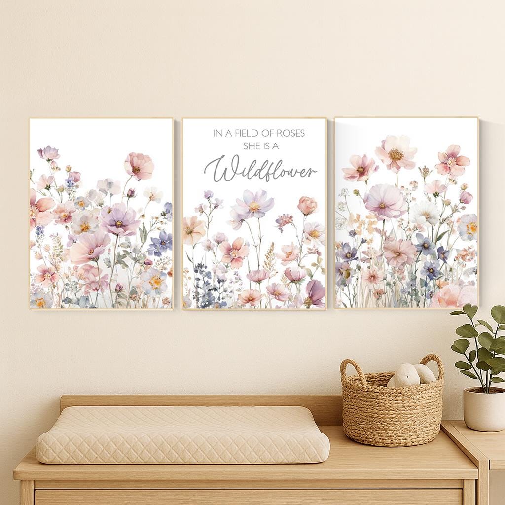 Wildflower Nursery Art Prints Set: Boho Baby Girl Room Decor