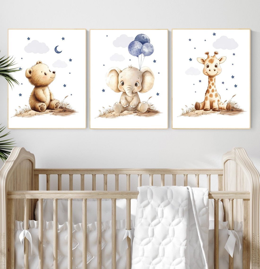 Boy Nursery Wall Art Set of 3 | Baby Bear, Elephant, Giraffe Prints