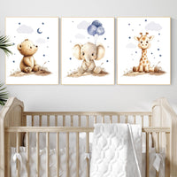 Boy Nursery Wall Art Set of 3 | Baby Bear, Elephant, Giraffe Prints