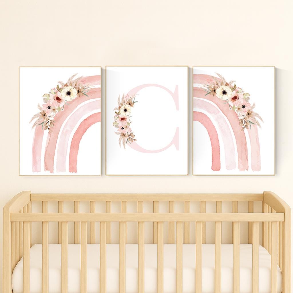 Floral Rainbow Nursery Art Prints - Boho Baby Girl Decor Set