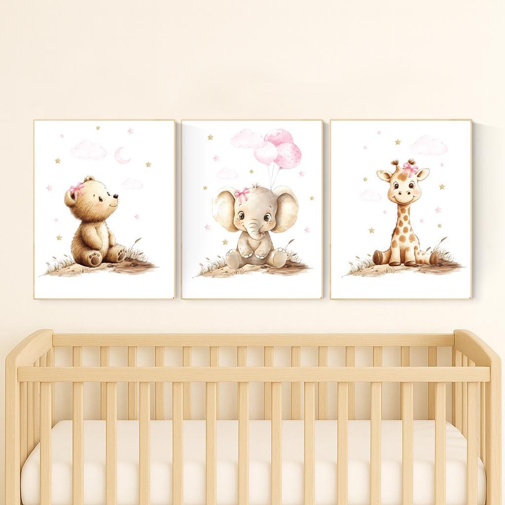 Girl Nursery Wall Art: Gold Pink Elephant, Bear, Giraffe Prints