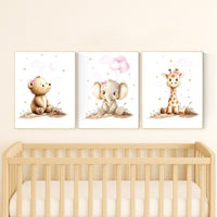 Girl Nursery Wall Art: Gold Pink Elephant, Bear, Giraffe Prints