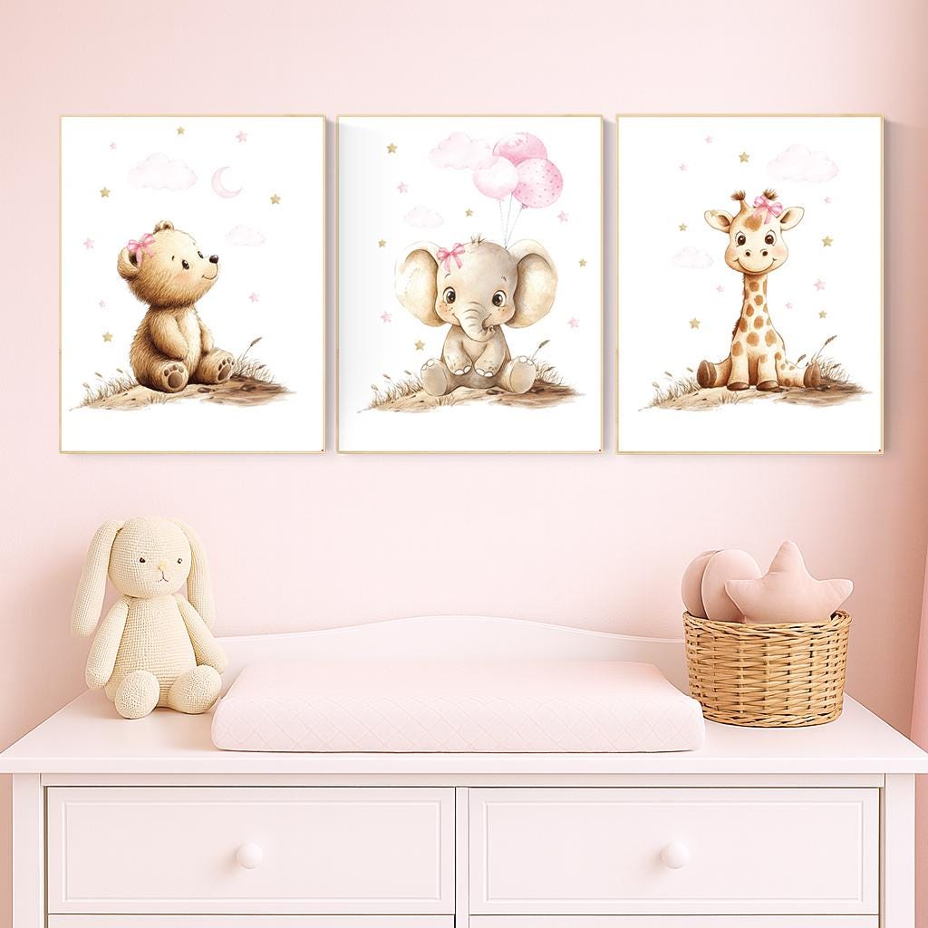 Girl Nursery Wall Art: Gold Pink Elephant, Bear, Giraffe Prints
