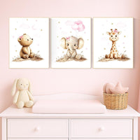 Girl Nursery Wall Art: Gold Pink Elephant, Bear, Giraffe Prints