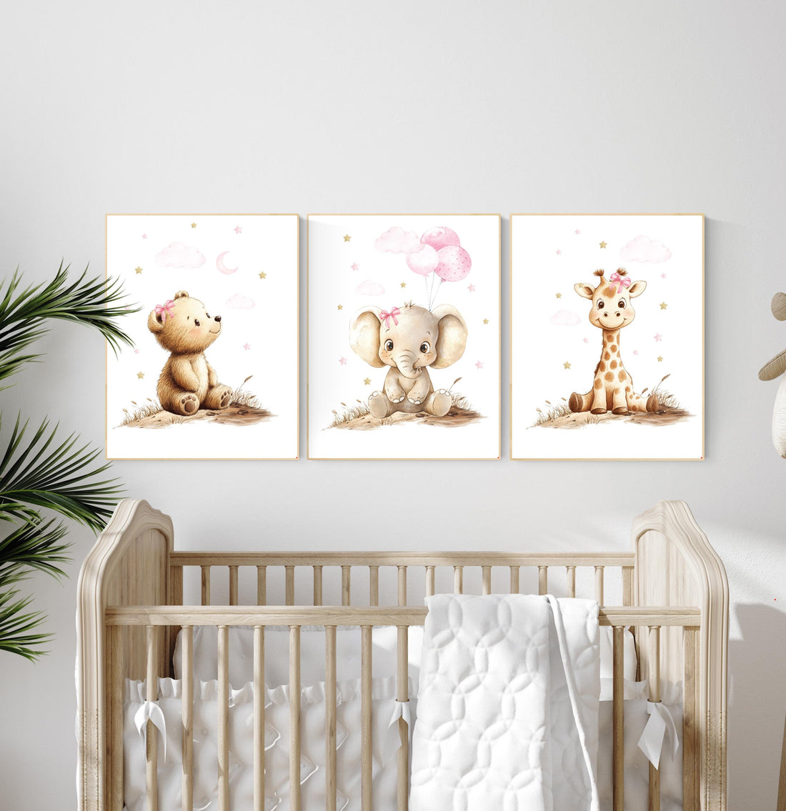 Girl Nursery Wall Art: Gold Pink Elephant, Bear, Giraffe Prints