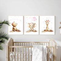 Girl Nursery Wall Art: Gold Pink Elephant, Bear, Giraffe Prints