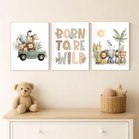 Safari Nursery Art Prints: Jungle Animals, Jeep, Lion, "Born to Be Wild"