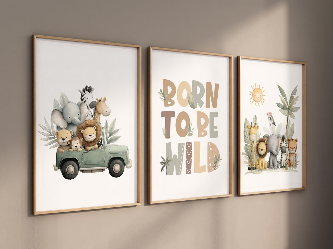 Safari Nursery Art Prints: Jungle Animals, Jeep, Lion, "Born to Be Wild"