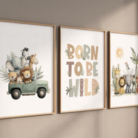 Safari Nursery Art Prints: Jungle Animals, Jeep, Lion, "Born to Be Wild"