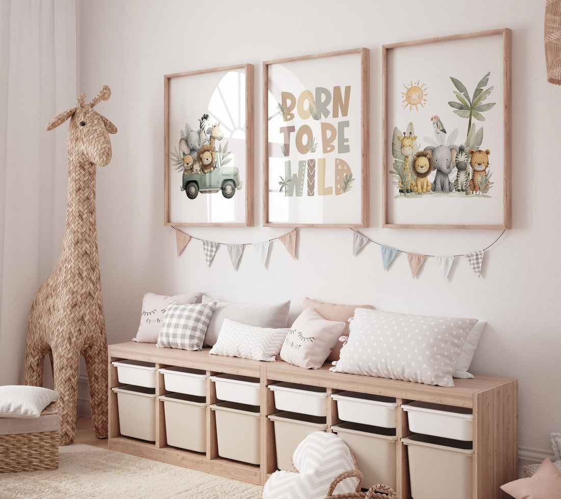 Safari Nursery Art Prints: Jungle Animals, Jeep, Lion, "Born to Be Wild"