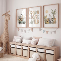 Safari Nursery Art Prints: Jungle Animals, Jeep, Lion, "Born to Be Wild"