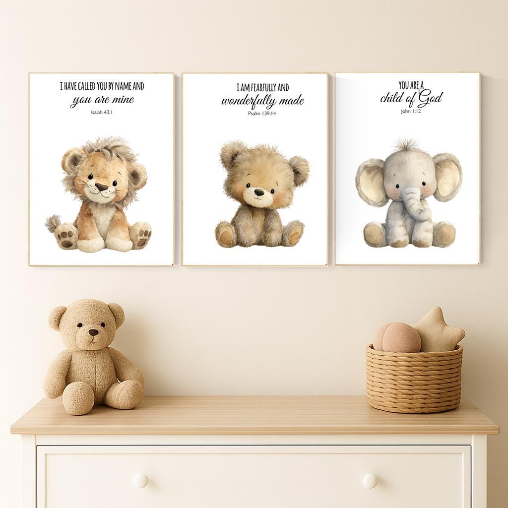 Plush Safari Animal Bible Verse Wall Art – Elephant Giraffe Lion Nursery Prints, Scripture Art, Christian Baby Room Decor Set
