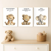 Plush Safari Animal Bible Verse Wall Art – Elephant Giraffe Lion Nursery Prints, Scripture Art, Christian Baby Room Decor Set