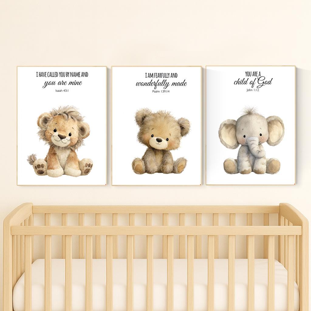 Plush Safari Animal Bible Verse Wall Art – Elephant Giraffe Lion Nursery Prints, Scripture Art, Christian Baby Room Decor Set