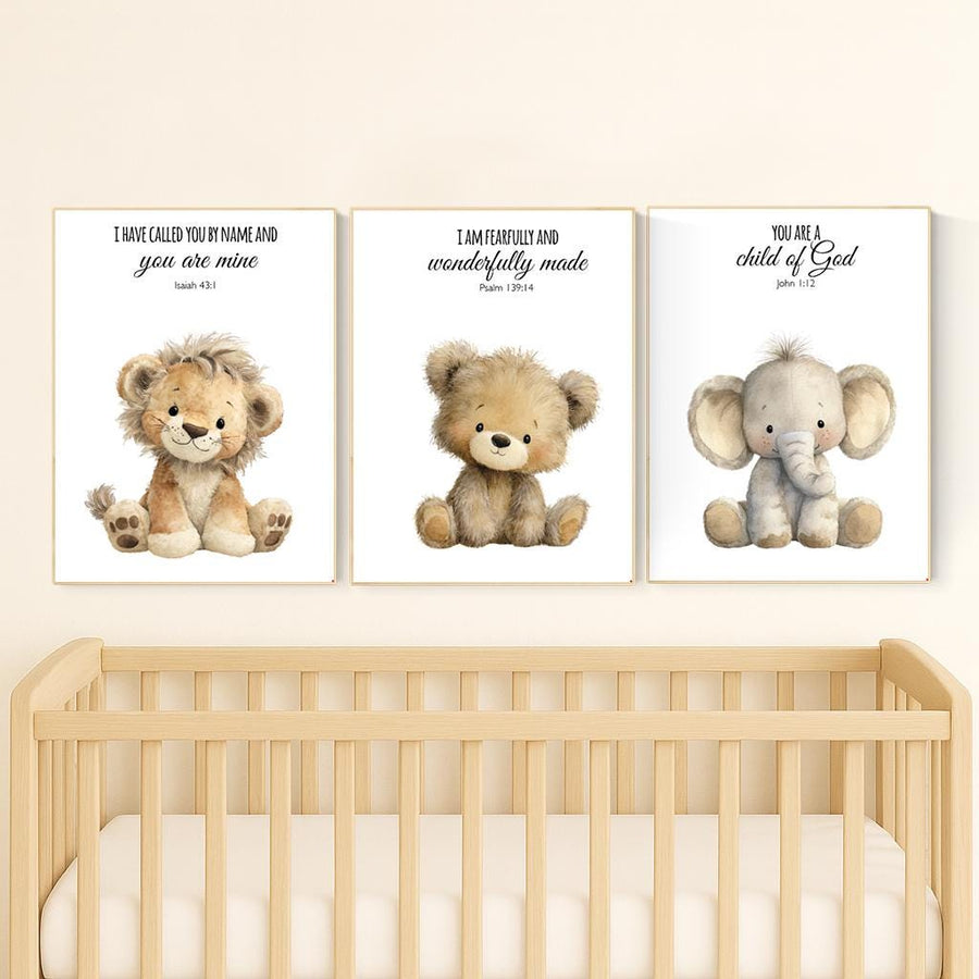 Plush Safari Animal Bible Verse Wall Art – Elephant Giraffe Lion Nursery Prints, Scripture Art, Christian Baby Room Decor Set