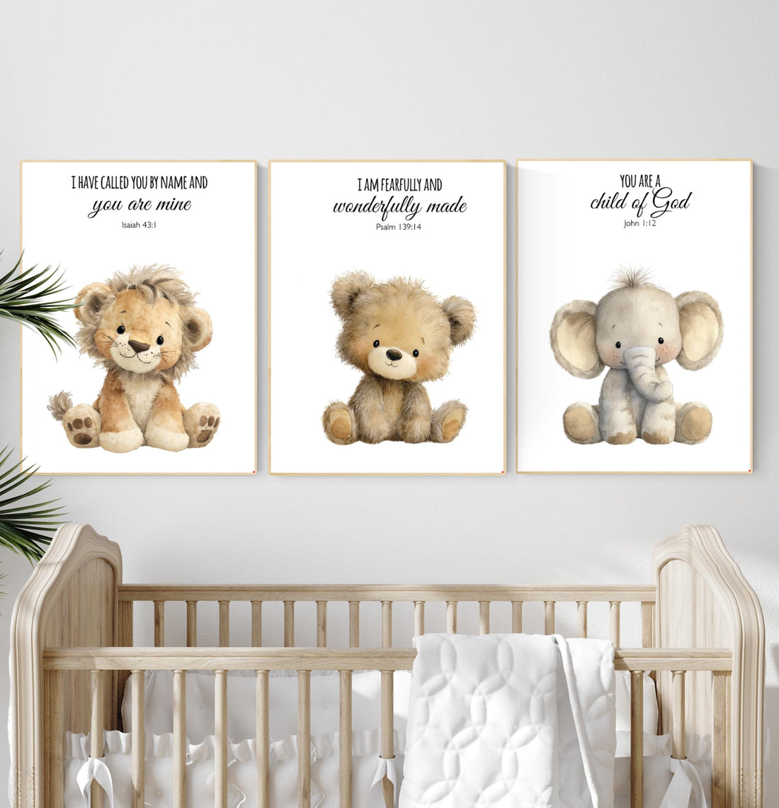 Plush Safari Animal Bible Verse Wall Art – Elephant Giraffe Lion Nursery Prints, Scripture Art, Christian Baby Room Decor Set