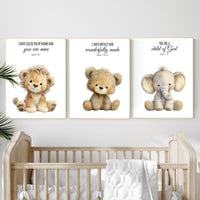 Plush Safari Animal Bible Verse Wall Art – Elephant Giraffe Lion Nursery Prints, Scripture Art, Christian Baby Room Decor Set