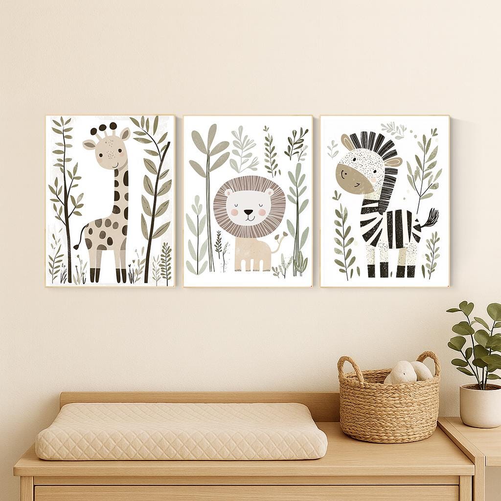Safari Animal Nursery Prints, Boho Jungle Art, Set of 3