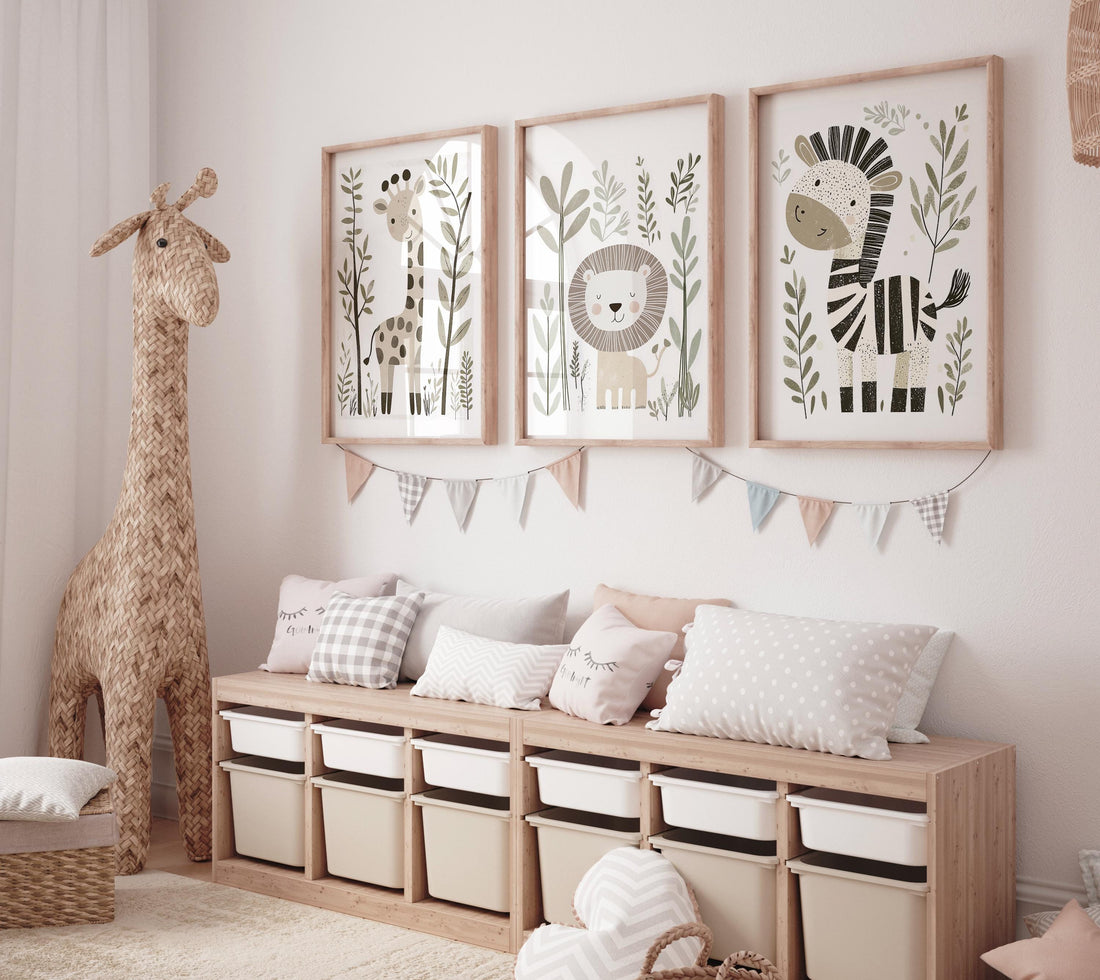 Safari Animal Nursery Prints, Boho Jungle Art, Set of 3