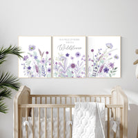 Purple flower nursery decor, wildflower nursery, girls room decor, Nursery decor girl purple, lavender nursery, lilac nursery, girls room