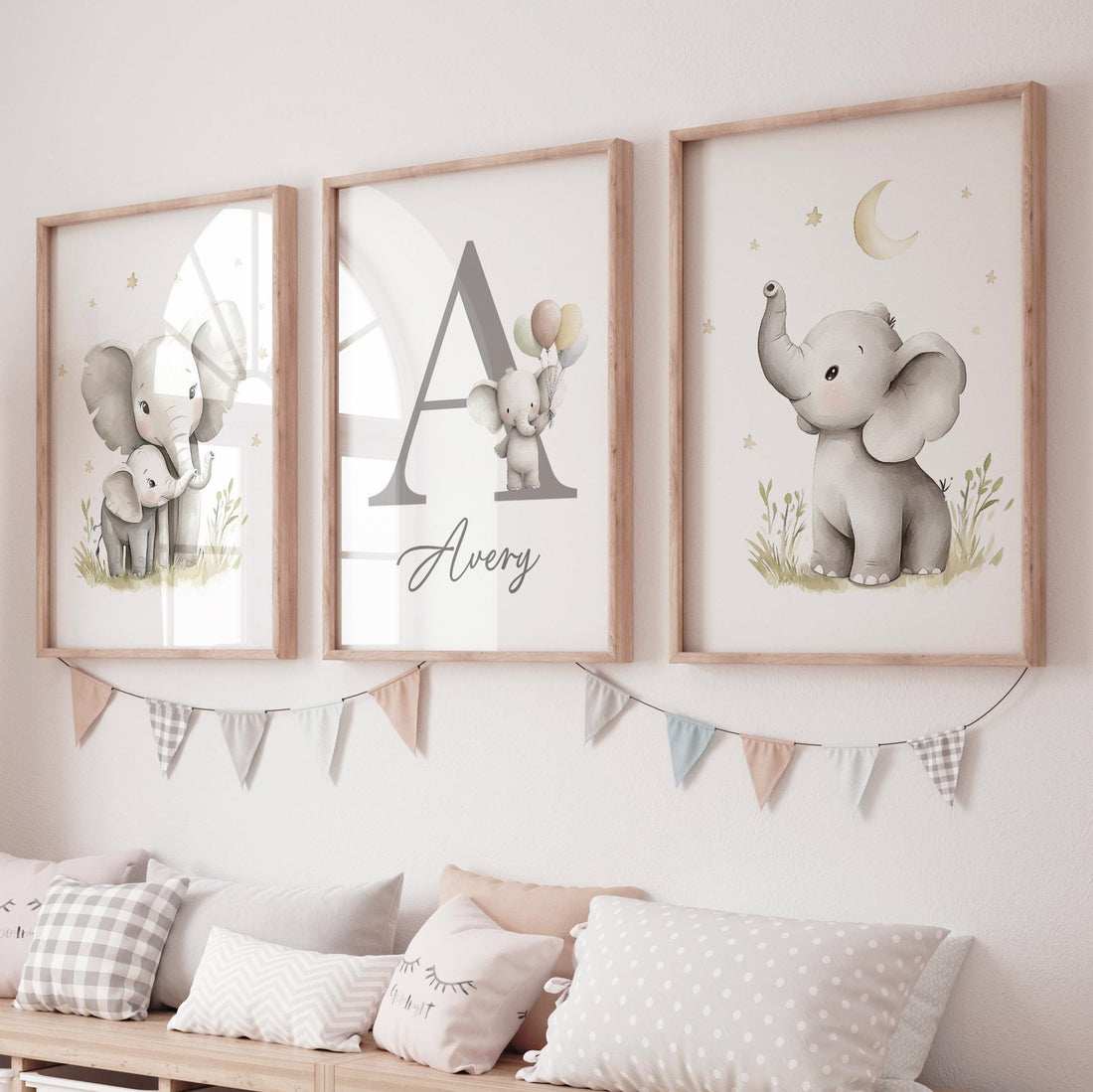Elephant Nursery Art Prints: Gray Safari Animals, Personalized Name Sign