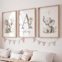 Elephant Nursery Art Prints: Gray Safari Animals, Personalized Name Sign