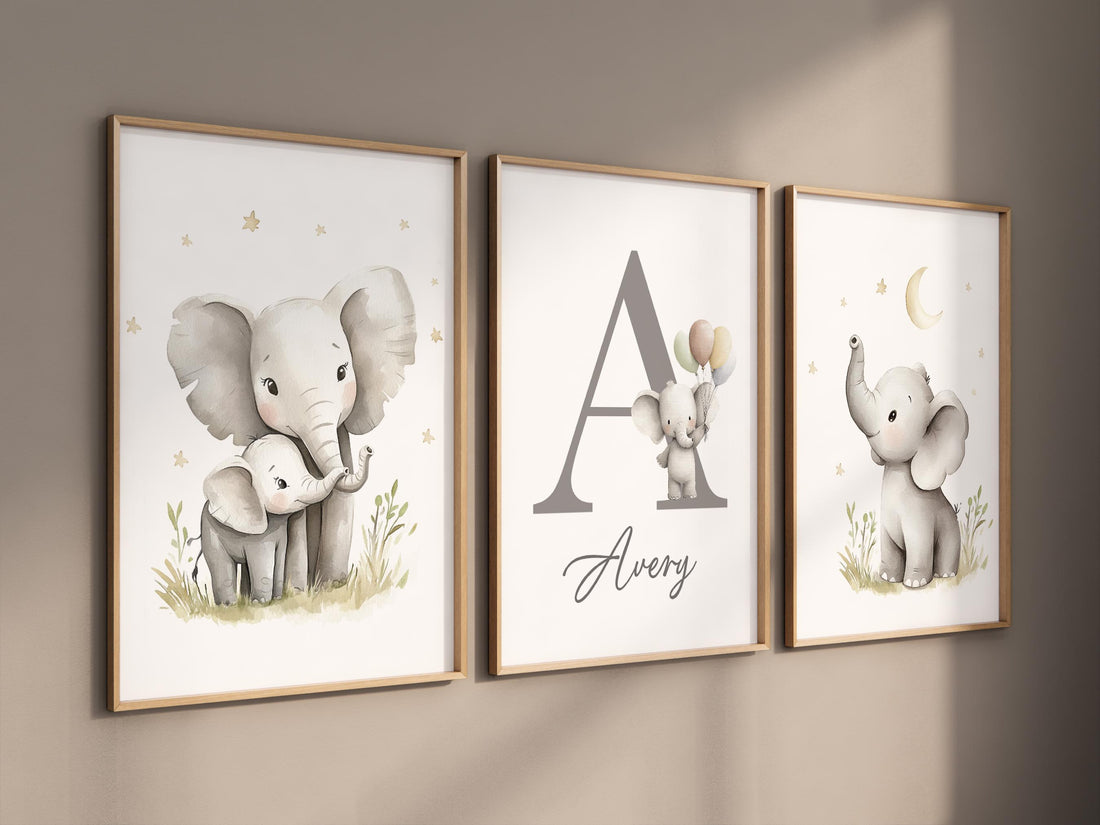Elephant Nursery Art Prints: Gray Safari Animals, Personalized Name Sign