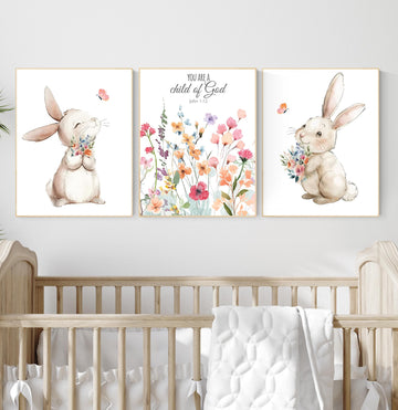 Bunny Nursery Wall Art – Set of 3 Prints with Rabbits and Flowers, Watercolor Baby Girl Room Decor, Spring Pastel Animal Posters