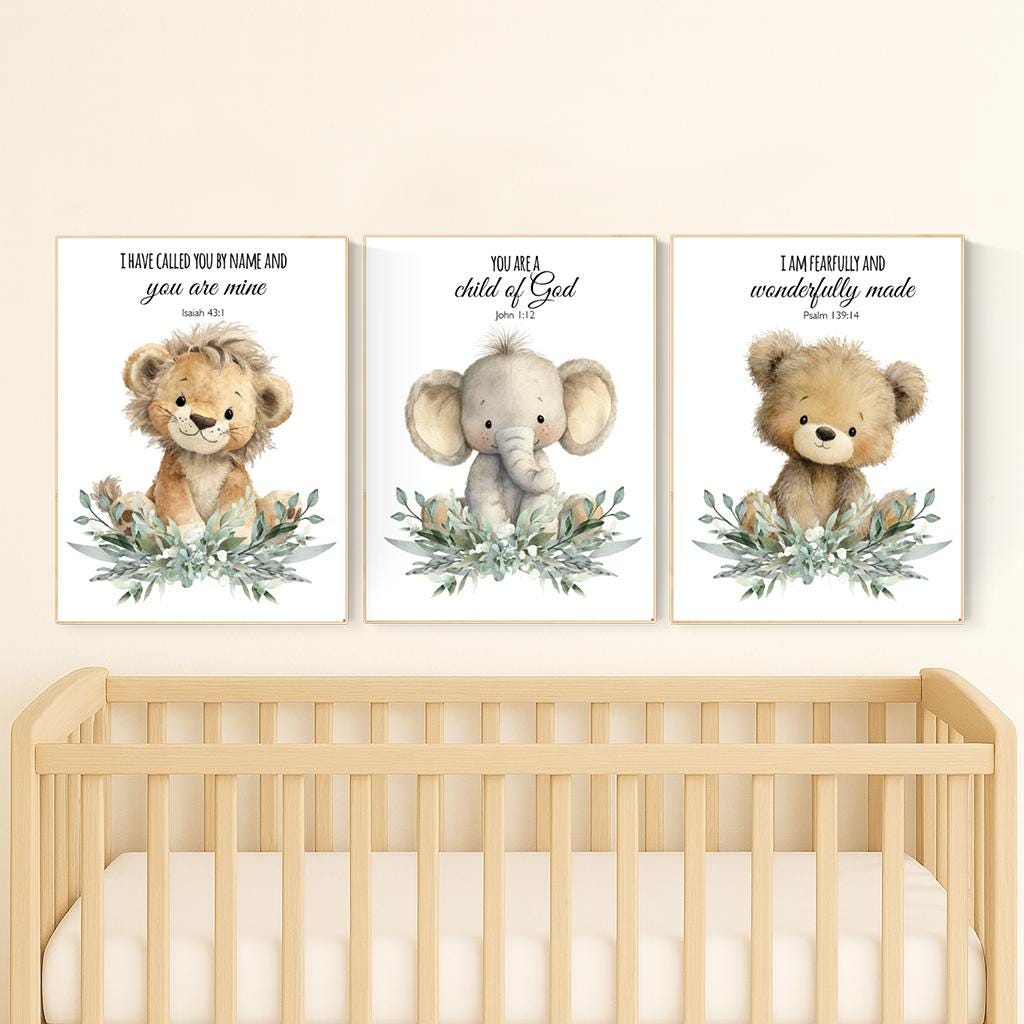 Plush Safari Animal Bible Verse Wall Art – Elephant Giraffe Lion Nursery Prints, Scripture Art, Christian Baby Room Decor Set
