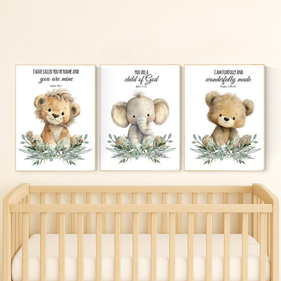 Plush Safari Animal Bible Verse Wall Art – Elephant Giraffe Lion Nursery Prints, Scripture Art, Christian Baby Room Decor Set