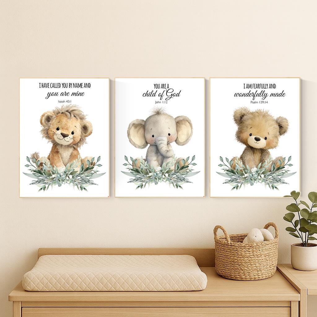 Plush Safari Animal Bible Verse Wall Art – Elephant Giraffe Lion Nursery Prints, Scripture Art, Christian Baby Room Decor Set