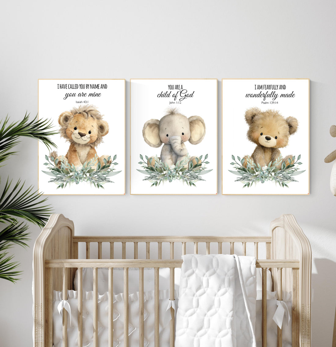 Plush Safari Animal Bible Verse Wall Art – Elephant Giraffe Lion Nursery Prints, Scripture Art, Christian Baby Room Decor Set