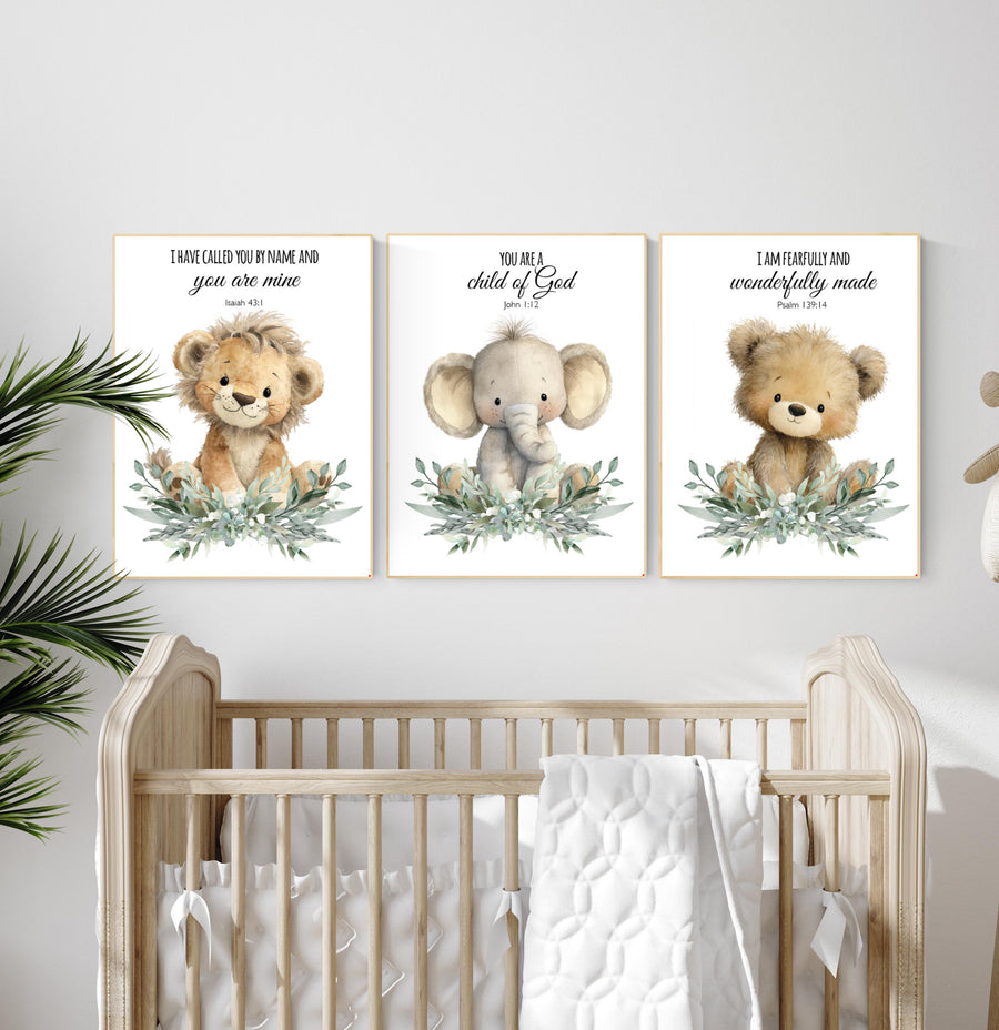 Plush Safari Animal Bible Verse Wall Art – Elephant Giraffe Lion Nursery Prints, Scripture Art, Christian Baby Room Decor Set