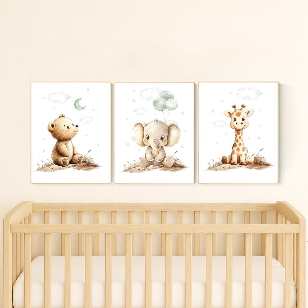Nursery wall art animals, green nursery, gender neutral nursery, sage green, baby room decor, bear, elephant, giraffe, animal prints