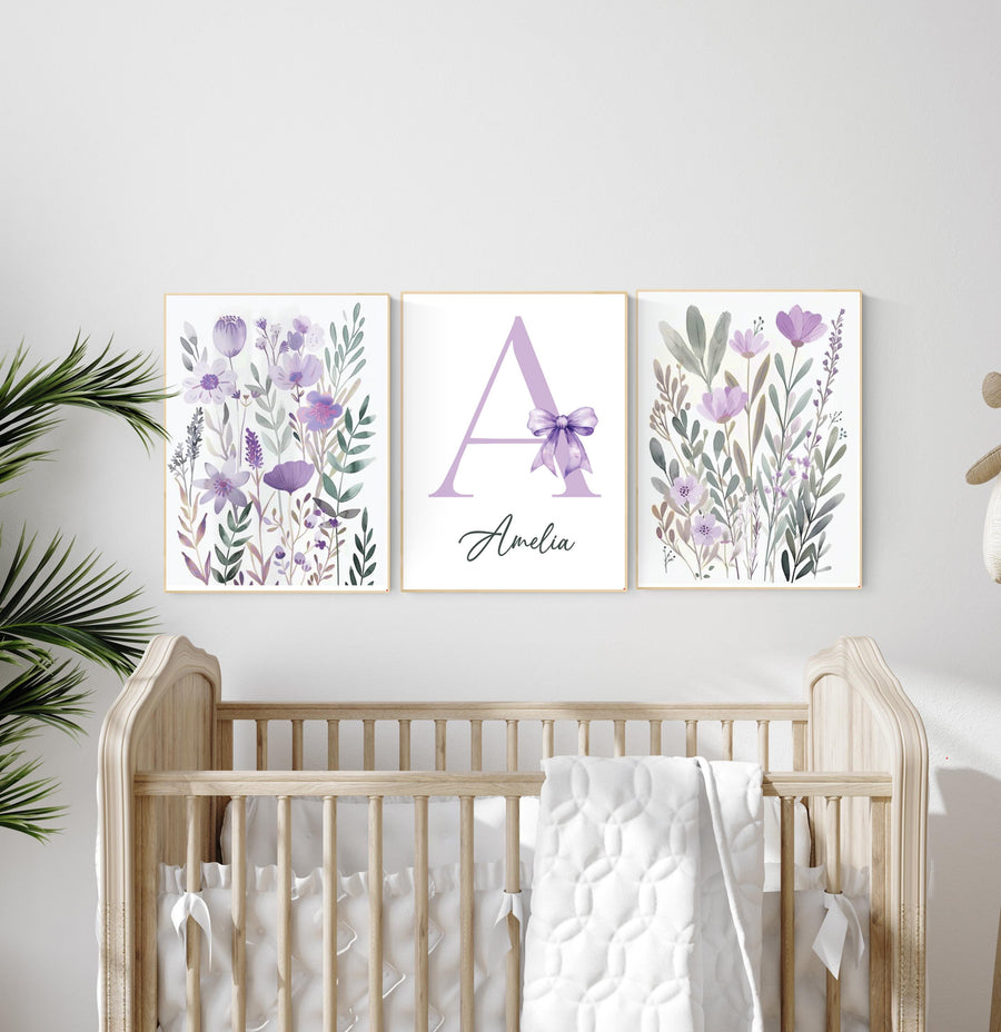 Lavender Floral Nursery Wall Art Set of 3 | Personalized Baby Girl Initial Print | Boho Purple Flower Name Artwork for Nursery Decor