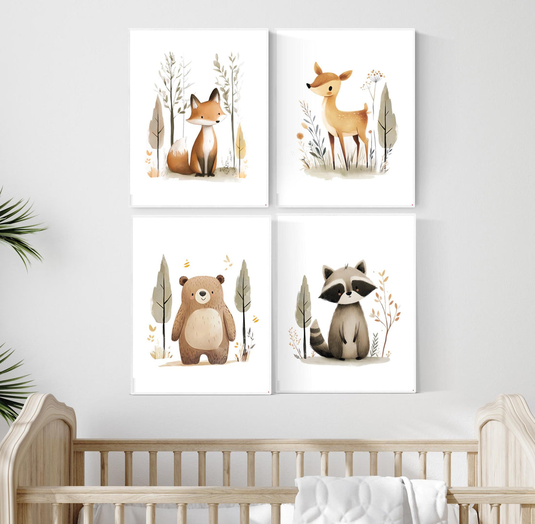 Woodland Animal Nursery Wall Art Set – Fox, Deer, Bear & Raccoon