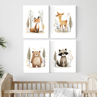 Woodland Animal Nursery Wall Art Set – Fox, Deer, Bear & Raccoon