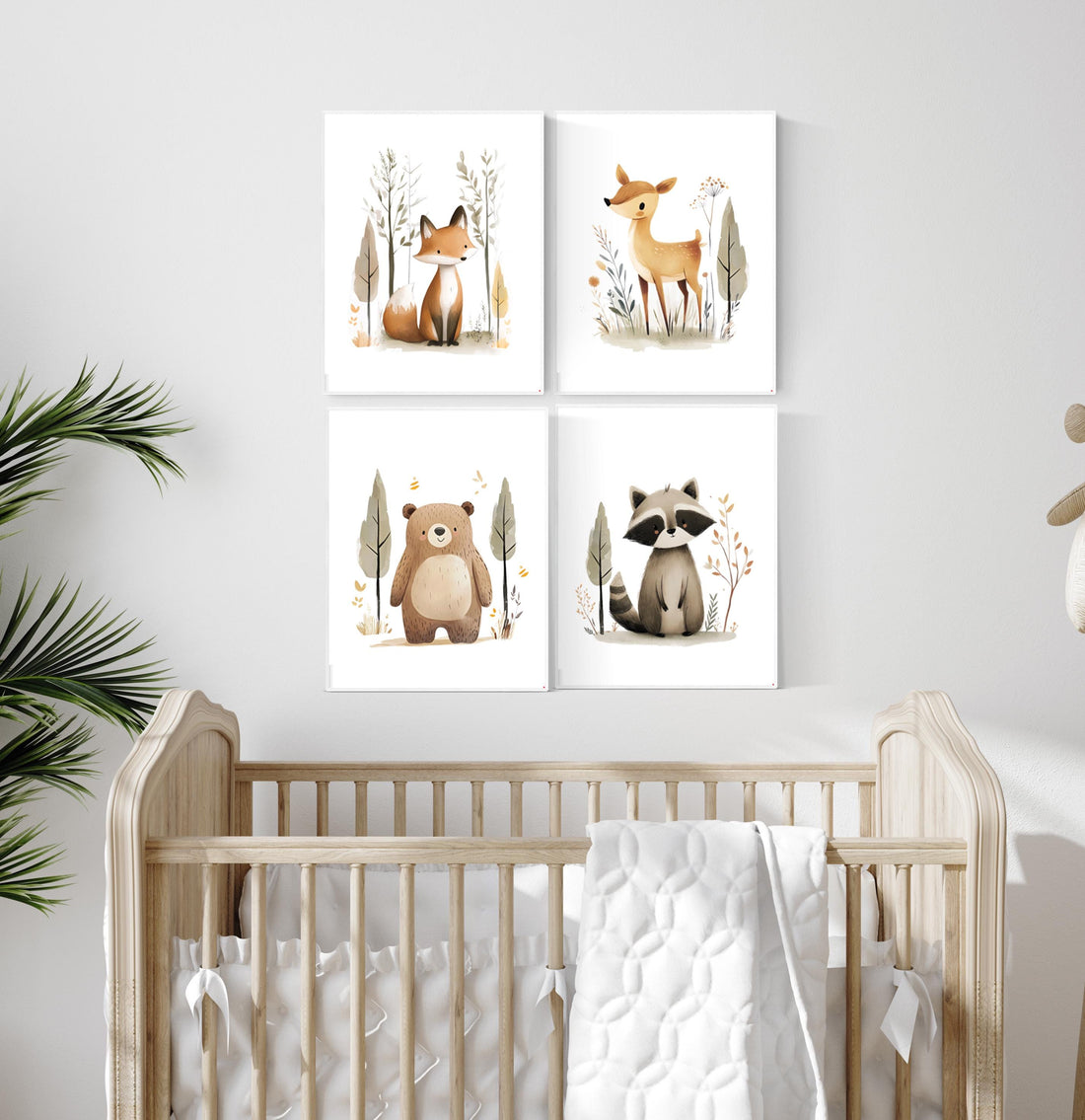 Woodland Animal Nursery Wall Art Set – Fox, Deer, Bear & Raccoon