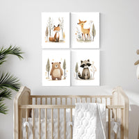 Woodland Animal Nursery Wall Art Set – Fox, Deer, Bear & Raccoon