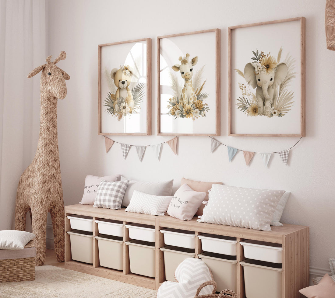 Boho Safari Nursery Prints: Bear, Giraffe, Elephant - Set of 3