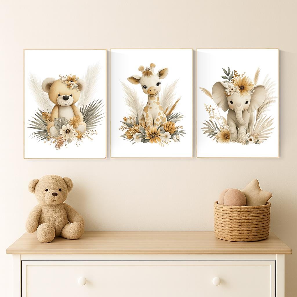 Boho Safari Nursery Prints: Bear, Giraffe, Elephant - Set of 3