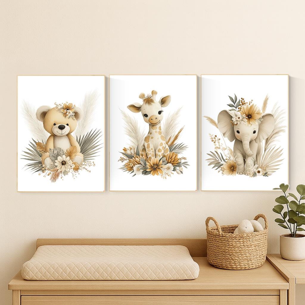 Boho Safari Nursery Prints: Bear, Giraffe, Elephant - Set of 3