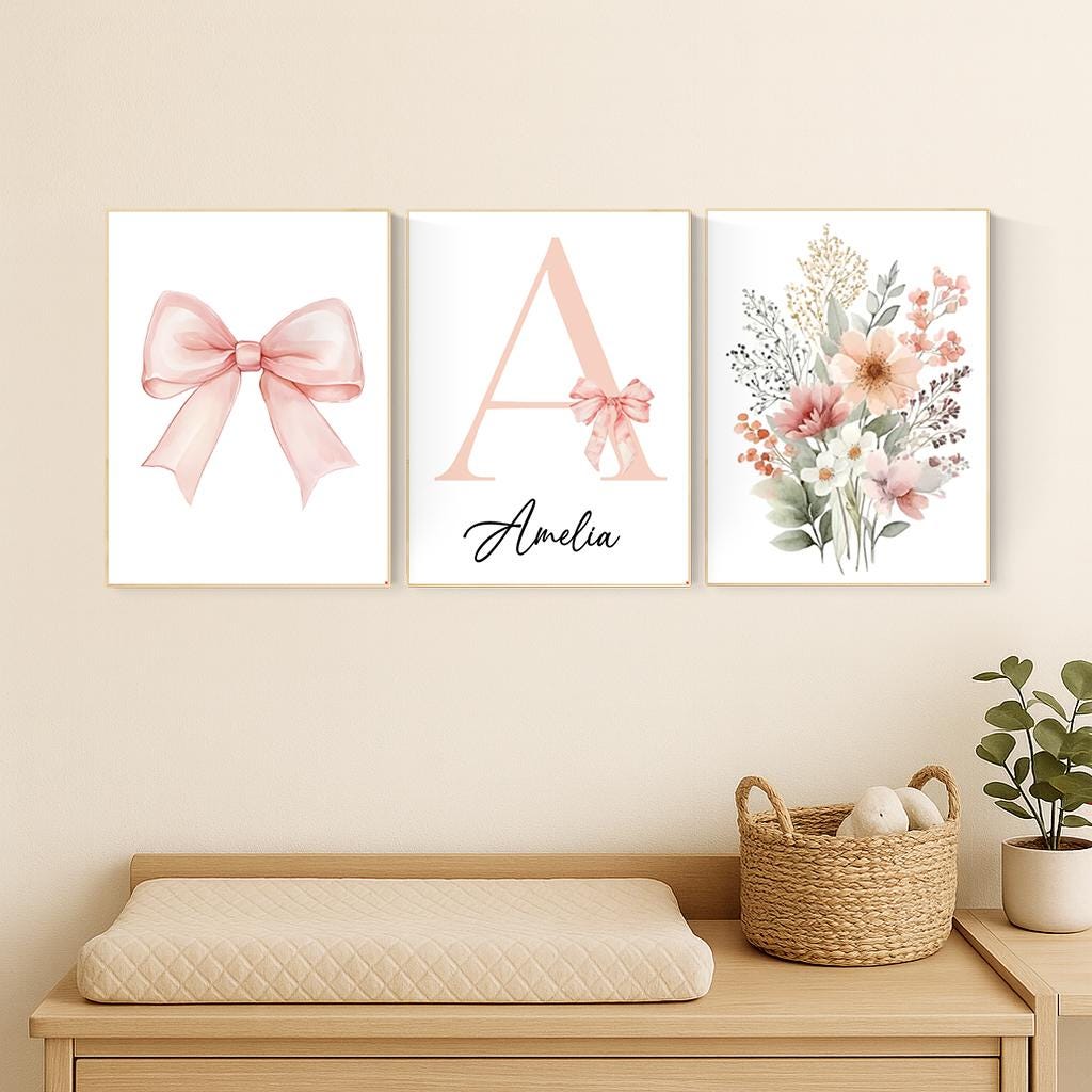 Personalized Nursery Wall Art Set – Blush Pink Bow, Floral & Initial Print