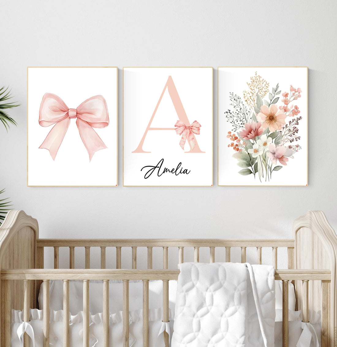 Personalized Nursery Wall Art Set – Blush Pink Bow, Floral & Initial Print