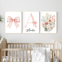 Personalized Nursery Wall Art Set – Blush Pink Bow, Floral & Initial Print