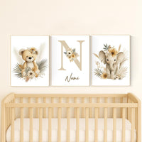 Boho Safari Nursery Prints: Bear, Giraffe, Elephant - Set of 3