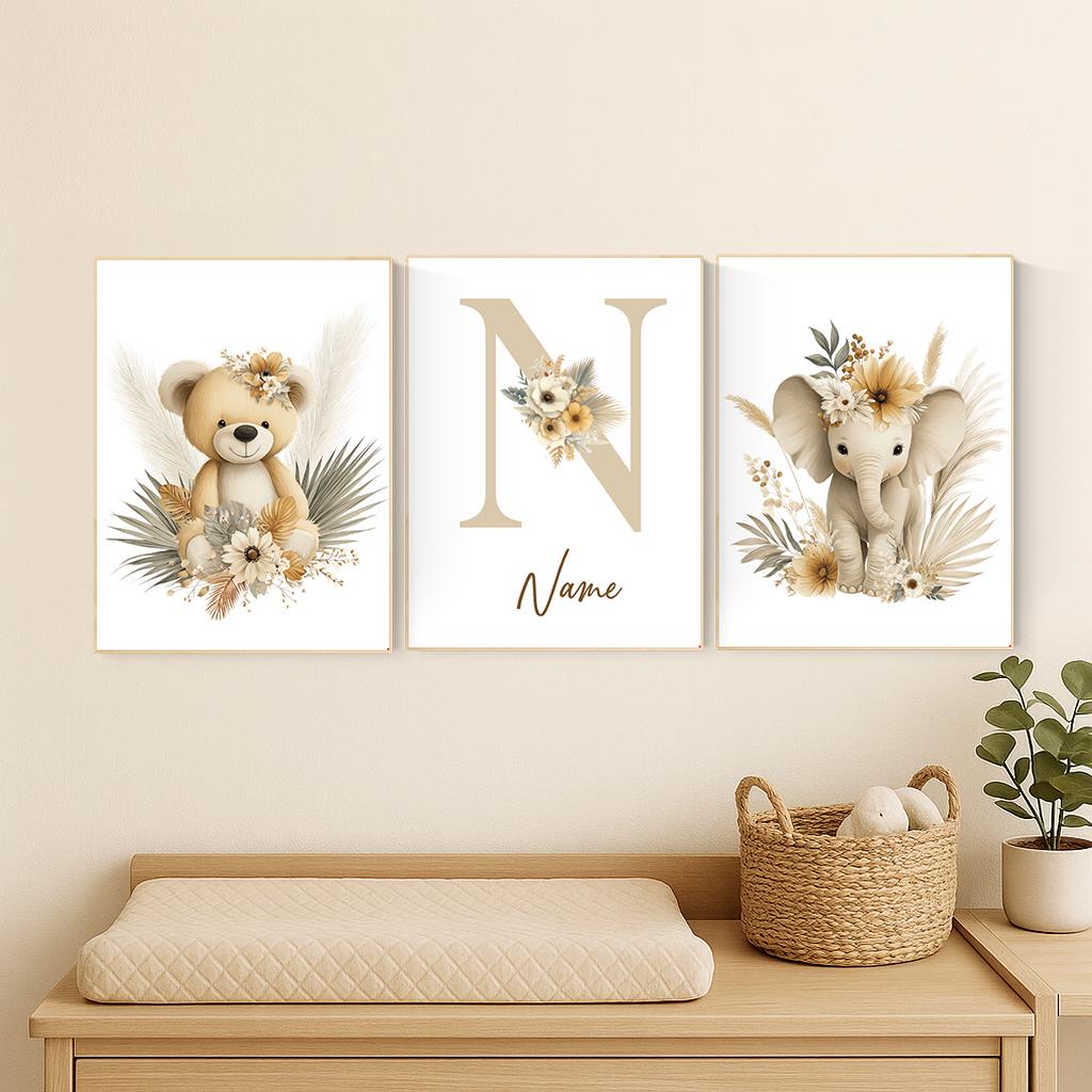 Boho Safari Nursery Prints: Bear, Giraffe, Elephant - Set of 3