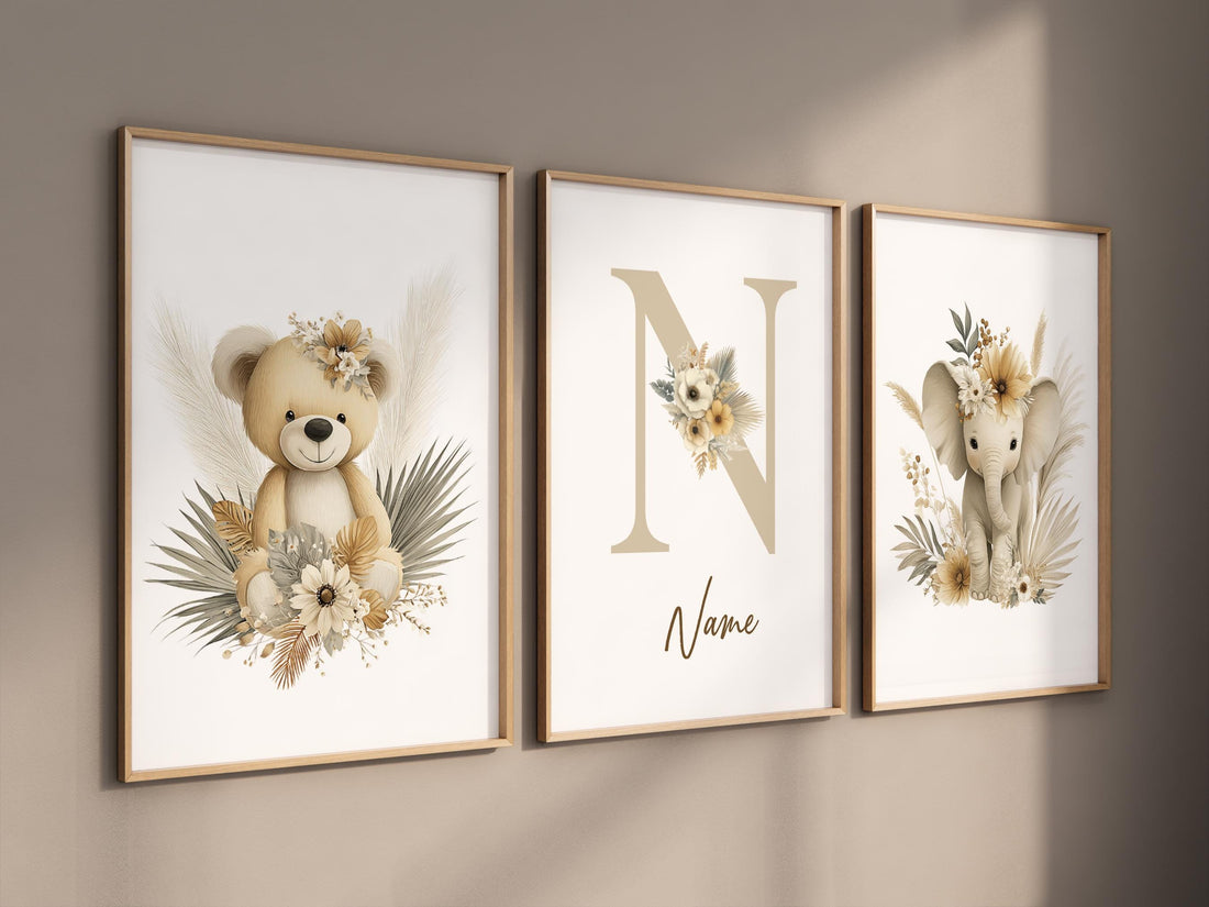 Boho Safari Nursery Prints: Bear, Giraffe, Elephant - Set of 3