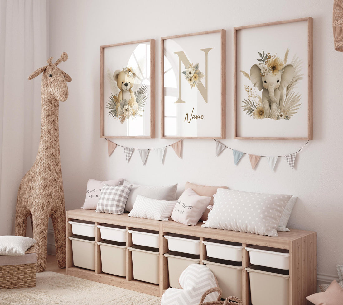 Boho Safari Nursery Prints: Bear, Giraffe, Elephant - Set of 3